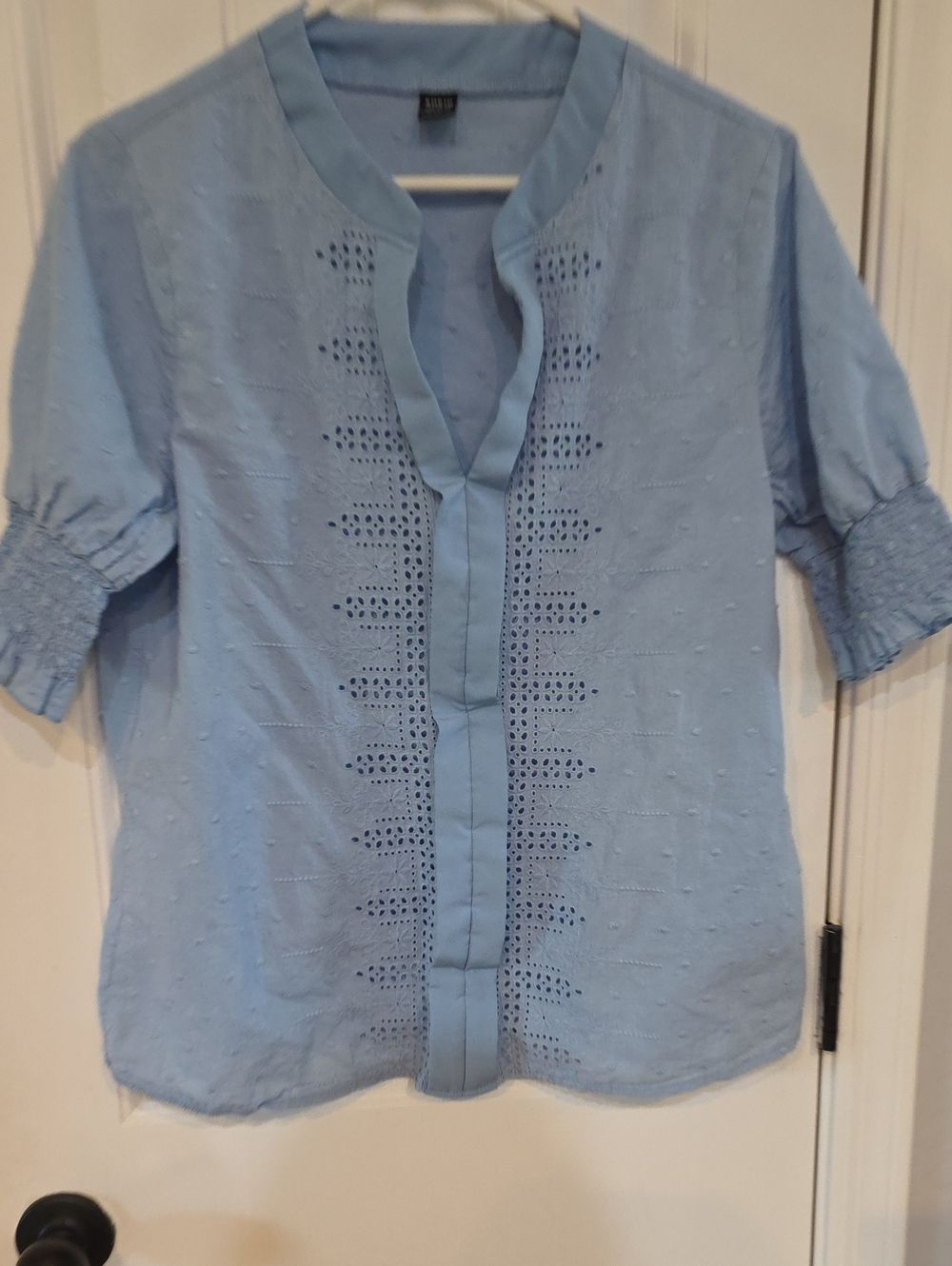 Shein Sky Blue Eyelet Split Neck Blouse